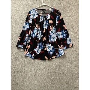 Liz Claiborne Shirt Womens Petite XL Black Floral Stretch Long Sleeve Blouse Top